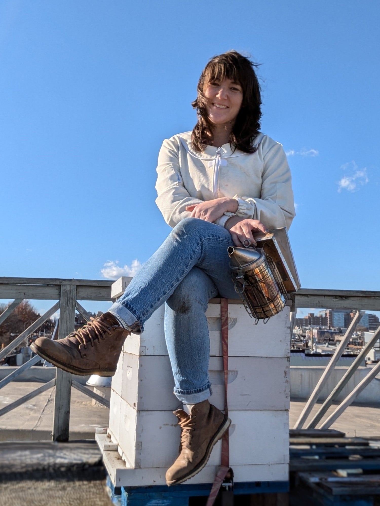 Mary Bee sits on a honey bee hive on a Baltimore rooftop.